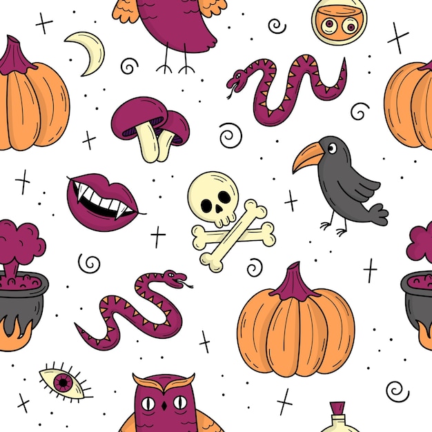 Wzór Z Elementami Na Halloween. Mistyczne Przerażające Przedmioty. Koty, Dynie, Duchy, Mikstura. Ilustracja W Stylu Doodle