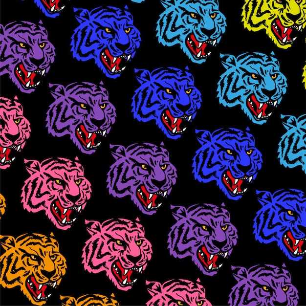 Wzór Z Gniewnymi Neonowymi Głowami Dzikiego Tygrysa