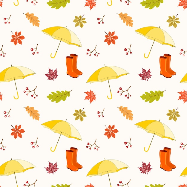 Wzór z kalosze parasole i jesienne liście. Ilustracja wektorowa.
