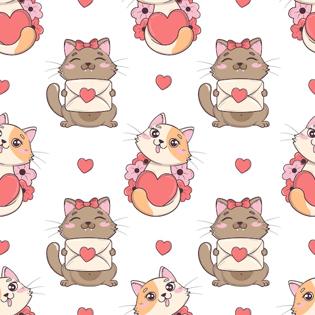 Wzór z kawaii słodkie koty walentynkowe z sercami i kwiatami na walentynki