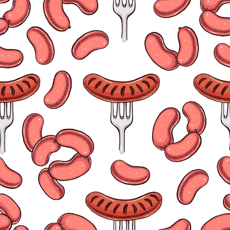 Wektor wzór z kolorowymi apetycznymi kiełbaskami. ręcznie rysowane ilustracji