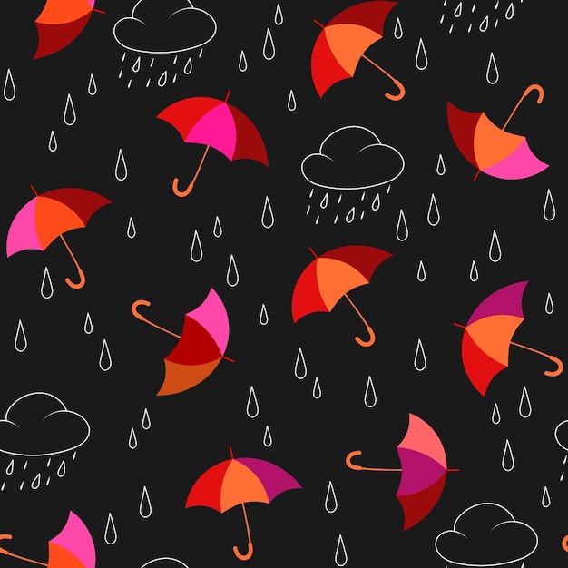 Plik wektorowy wzór z kolorowymi parasolami i białym konturem kropli deszczu na czarnym tle vector