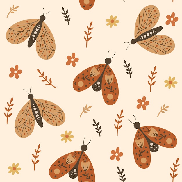 Wzór z kwiatowymi elementami i motylami. Ilustracja wektorowa.