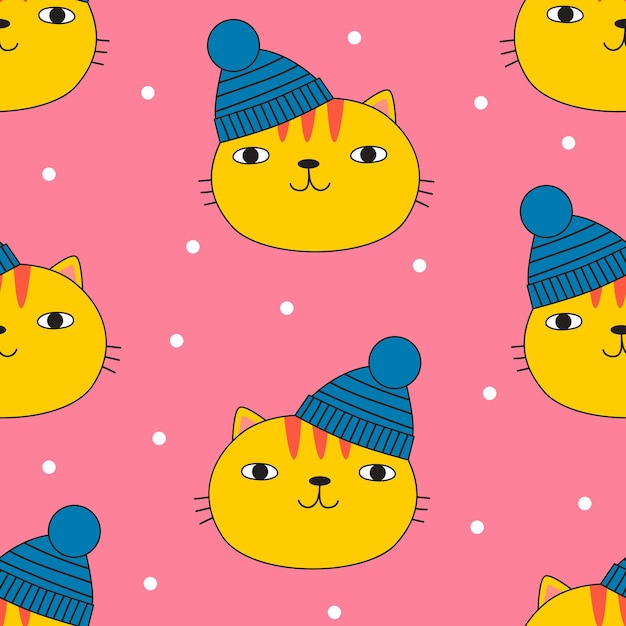 Plik wektorowy wzór z ładny kot w niebieski zimowy kapelusz. styl bazgroły. ilustracja wektorowa