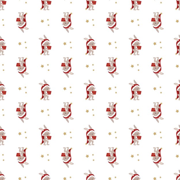 Wzór z ładny królik lub zając w Santa hat z pudełko i gwiazdy Świąteczny nadruk zabawnych zwierząt na nowy rok i Boże Narodzenie płaskie ilustracja wektorowa