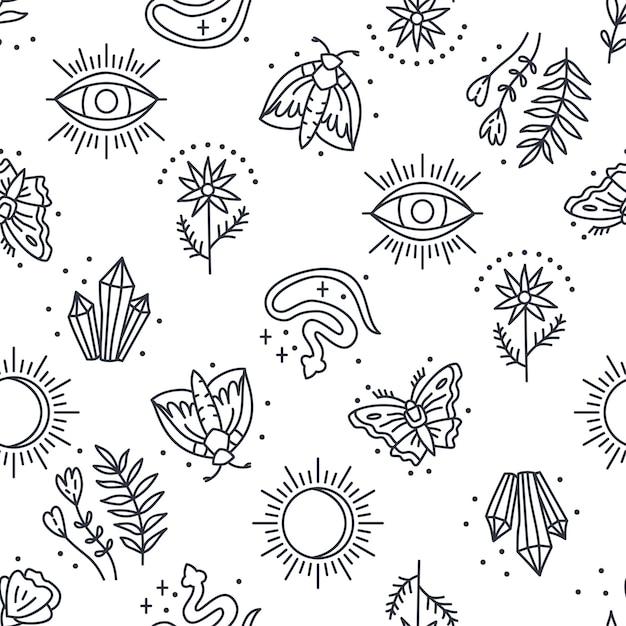 Wzór z mistycznymi elementami boho w stylu lineartu