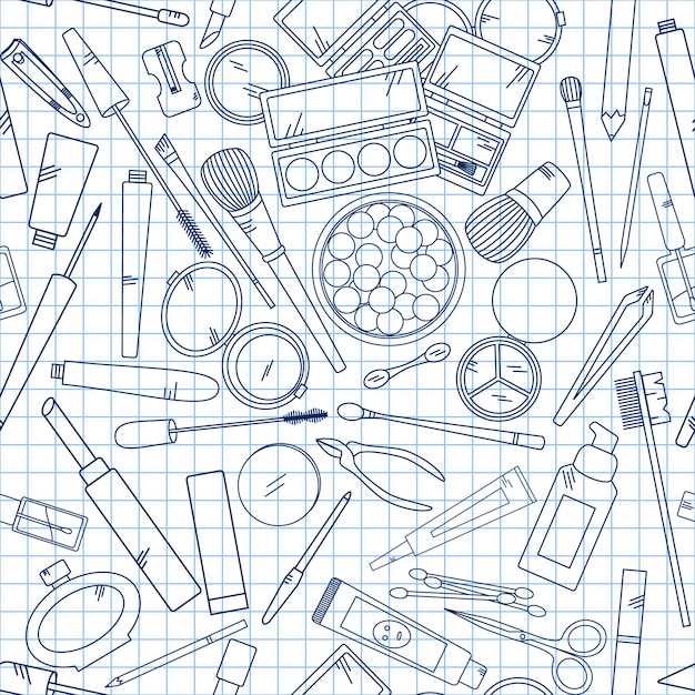 Plik wektorowy wzór z narzędziami do makijażu na notatniku kolekcja wektorowa do projektowania urody