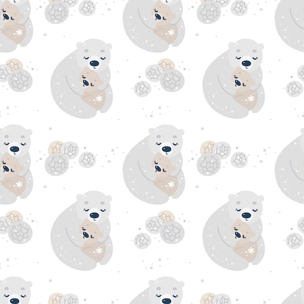 Wzór Z Niedźwiedzi Polarnych, Przytulanie Mama I Dziecko I Kwiaty