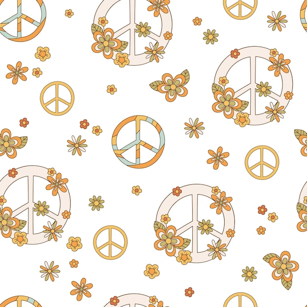 Plik wektorowy wzór z pacyfiku i kwiat w stylu retro lat 70. tło z symbolem pokoju w stylu vintage ilustracja z odznaką hipisów na tapetę tkaniny tekstylne wektor