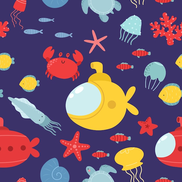 Wzór Z Podwodnego świata, Ryby, Kraby, żółwie, Meduzy, Kalmary, Rozgwiazdy. Druk Wektorowy