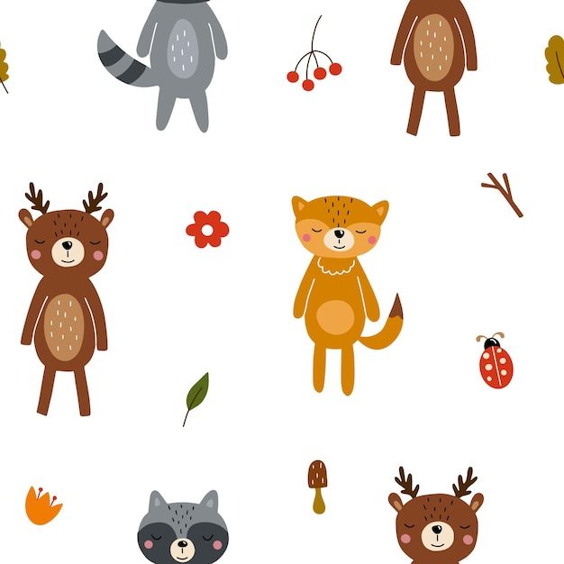 Wzór Z Postaciami Leśnymi Niedźwiedź Lis Szop Jeż Jeleń Królik Słodkie Zwierzęta Ilustracja Wektorowa