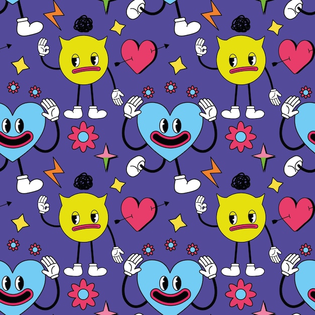 Wzór z psychodelicznymi postaciami Modny nadruk wektorowy Abstrakcyjny wzór naklejek z kreskówek Ilustracja wektorowa trendu EPS