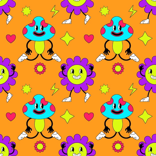 Wzór z psychodelicznymi postaciami Modny nadruk wektorowy Abstrakcyjny wzór naklejek z kreskówek Ilustracja wektorowa trendu EPS