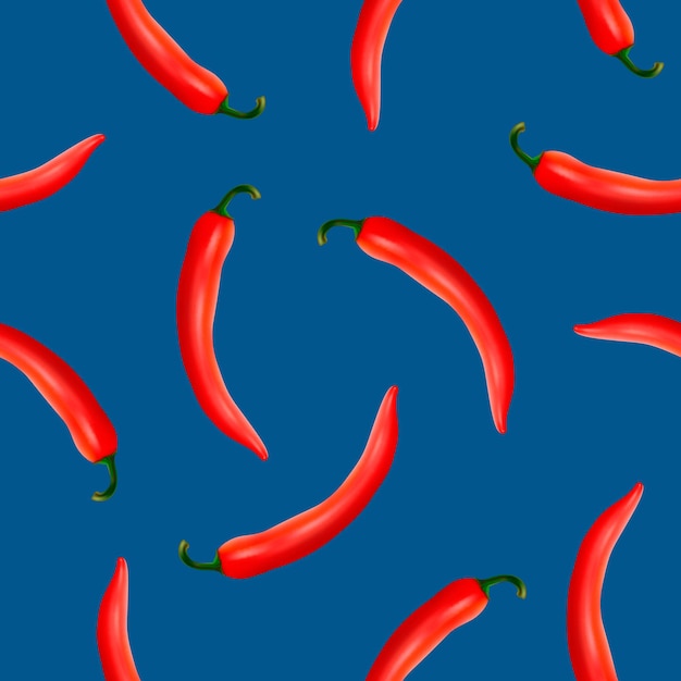 Wzór Z Realistycznymi Czerwonymi Gorącymi Naturalnymi Papryczkami Chili Na Niebieskim Tle