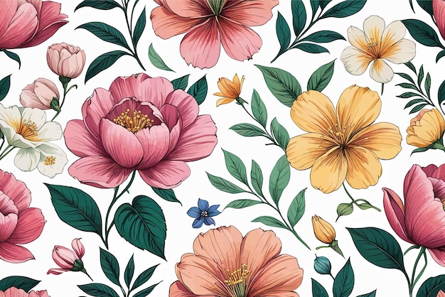 Plik wektorowy wzór z ręcznie malowanymi kwiatami i liśćmi wzór z ręcznie malowanymi kwiatami i liśćmi