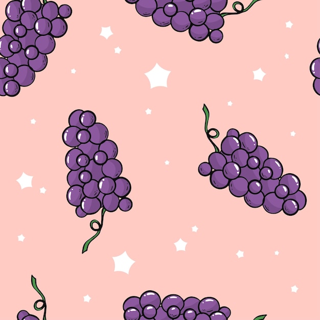 Wzór Z Ręcznie Rysowanymi Winogronami Na Różowym Tle Ozdobionym Gwiazdami