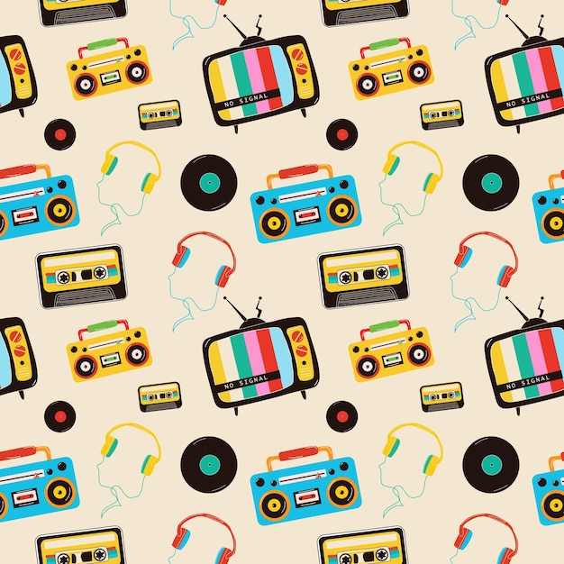 Wzór z retro tv, boom box, kaseta, winyl. Styl retro z lat 80-tych.