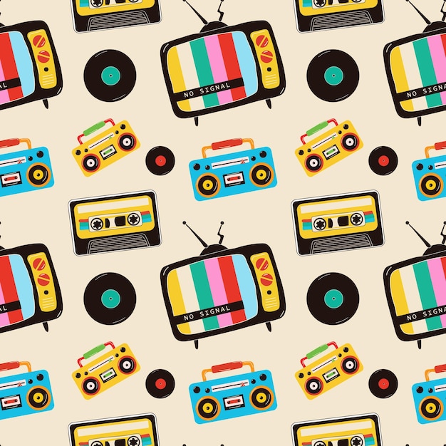 Wzór z retro tv, boom box, kaseta, winyl. Styl retro z lat 80-tych.