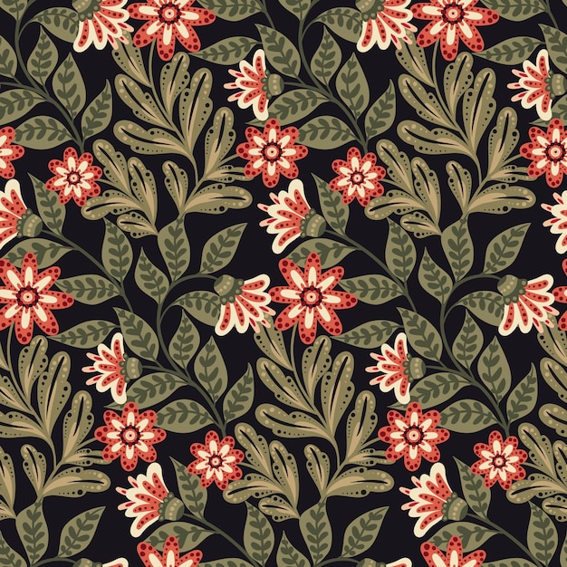 Wzór z roślin ozdobnych w tradycyjnym stylu ludowym Kwiecisty kwiatowy wydruku klasyczne tło botaniczne z dzikimi kwiatami pozostawia na grubych łodygach ilustracji wektorowych