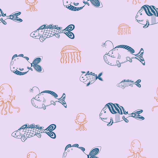 Wzór z różnymi ręcznie rysowanymi rybami i meduzami w stylu kreskówek