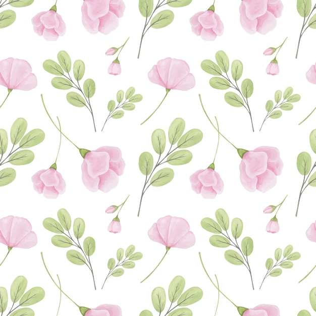 Wzór z różowymi kwiatami i zielenią na białym tle Akwarela letni wzór proste elementy botaniki Kwiatowe tło