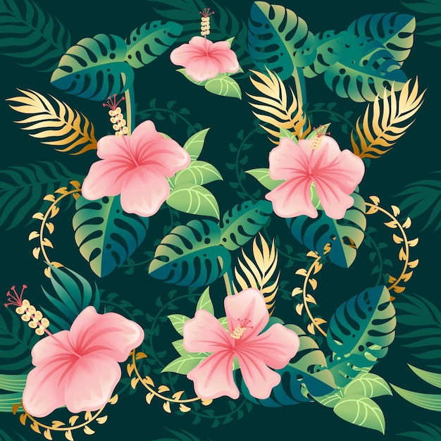 Plik wektorowy wzór z różowymi kwiatami i zielonymi tropikalnymi liśćmi płaskiej ilustracji wektorowych na zielonym tle