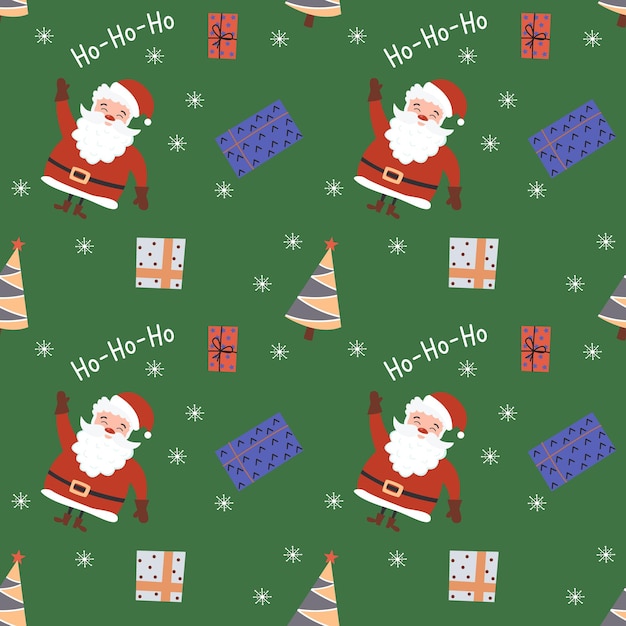 Wzór z Santa Claus, pudełka na prezenty i choinki. Jasne kolory, styl Bazgroły.