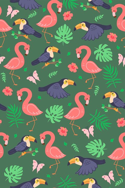 Wzór z słodkie tukany i flamingi. Grafika wektorowa.
