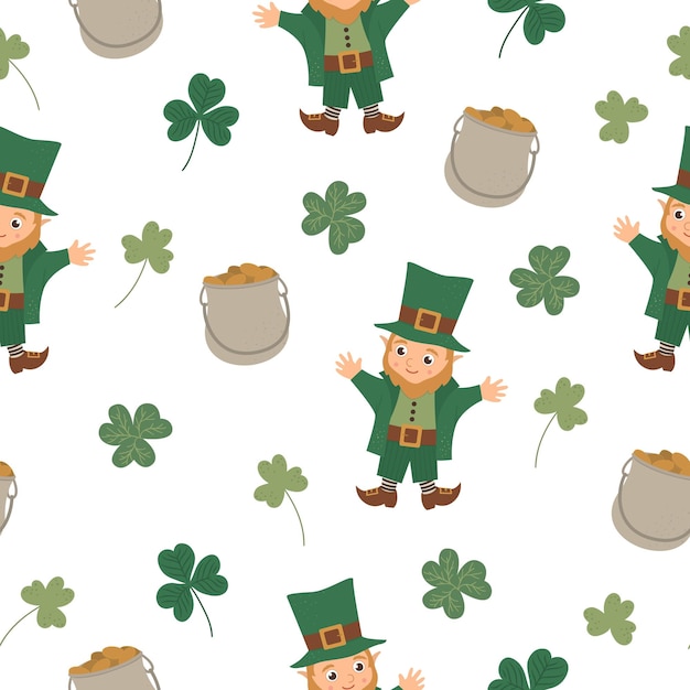 Wzór Z Symbolami Saint Patrick Day. Narodowe święto Irlandii Powtarzane Tło. ładny Zabawny Tekstury Krasnoludków
