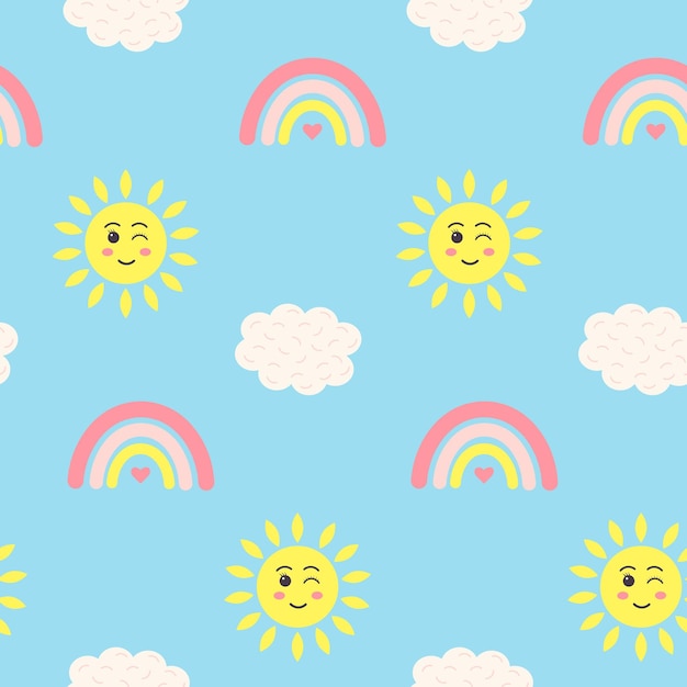 Wzór z tęczy słońce kawaii i chmura na niebieskim tle
