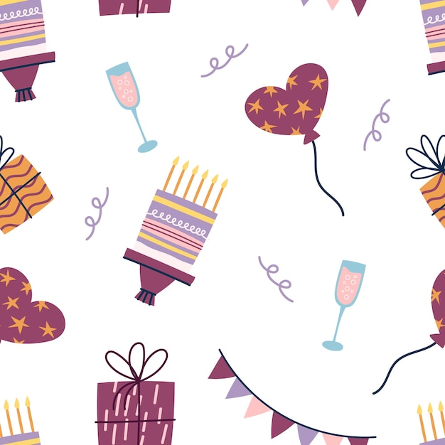 Plik wektorowy wzór z torty urodzinowe z płonącymi świeczkami balony prezenty girlandy szampana impreza jedzenie i dekoracje na białym tle płytek papier do pakowania tapeta ilustracja kreskówka wektor