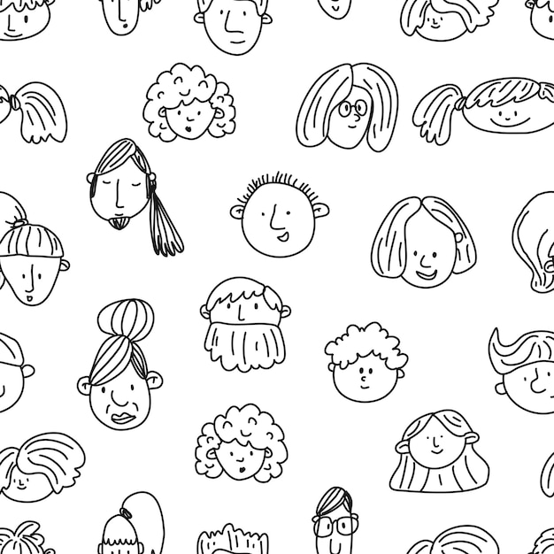 Wzór Z Twarzami Ludów Czarno-biały Szkic Handdrawn Doodle Styl Grafika Liniowa Różni Mężczyźni I Kobiety Postaci Z Kreskówek Ilustracja Wektorowa