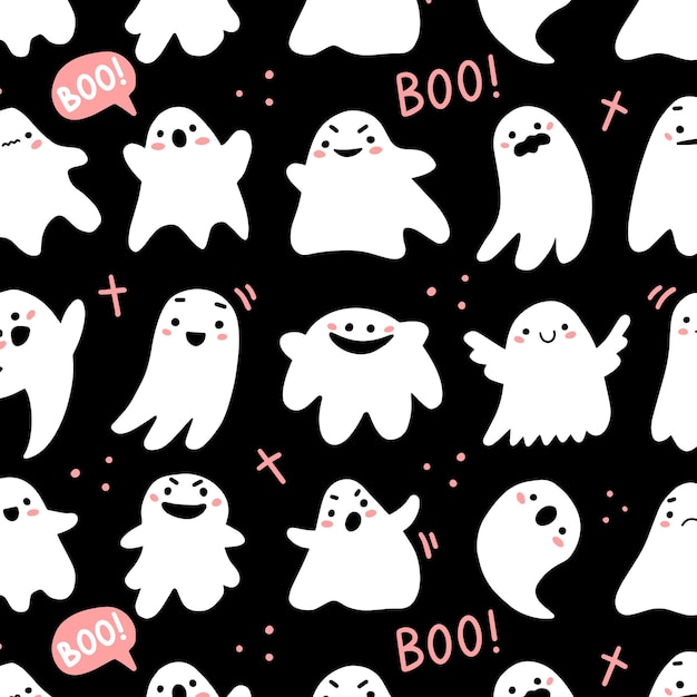 Wzór z uroczymi duchami i napisami w stylu doodle kreskówka na czarnym tle