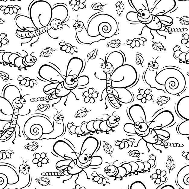 Plik wektorowy wzór z uroczymi owadami w stylu doodle ręcznie rysowane słodkie owady wzór bez szwu