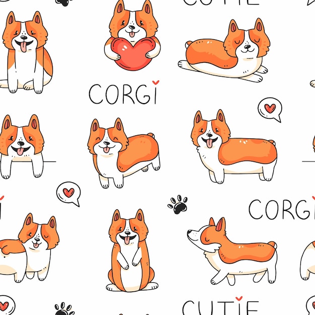 wzór z uroczymi psami corgi i napisem w tle ilustracji w stylu doodle kreskówka doodle