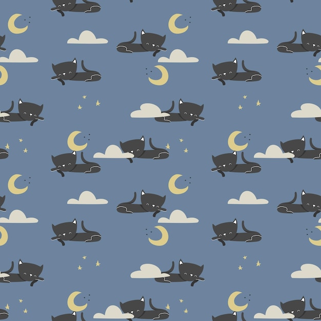 Plik wektorowy wzór z uroczymi śpiącymi czarnymi kotami, chmurami, księżycem i gwiazdami ilustracji wektorowych