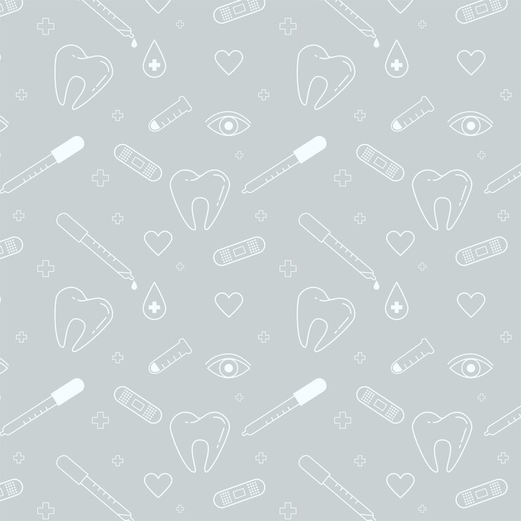 Wektor wzór z wizerunkami zęba z pipetami i plastrem oraz kropli do oczu i naczynia medycznego i krzyżyków