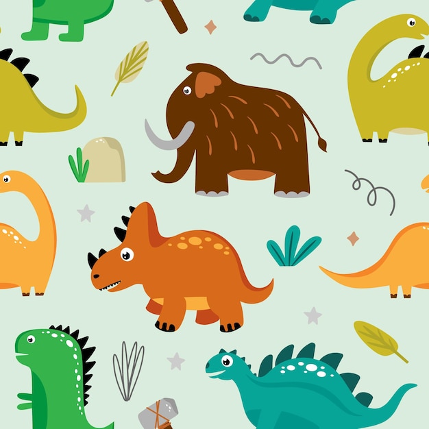 Wzór z zabawnymi dinozaurami na jasnozielonym tle. Używaj do tekstyliów, papieru opakowaniowego, plakatów, teł, dekoracji przyjęć dziecięcych. Ilustracja wektorowa eps10