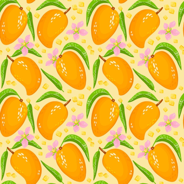 Wzór Ze Słodkim żółtym Mango Z Liśćmi, Kawałkami Mango I Kwiatami. Tło Organiczne Zdrowe Owoce. Ilustracja Kreskówka. Idealny Do Owijania Papieru, Tapet, Tła, Drukowania Tkanin.