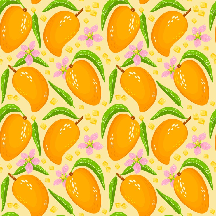 Wzór ze słodkim żółtym mango z liśćmi, kawałkami mango i kwiatami. Tło organiczne zdrowe owoce. Ilustracja kreskówka. Idealny do owijania papieru, tapet, tła, drukowania tkanin.