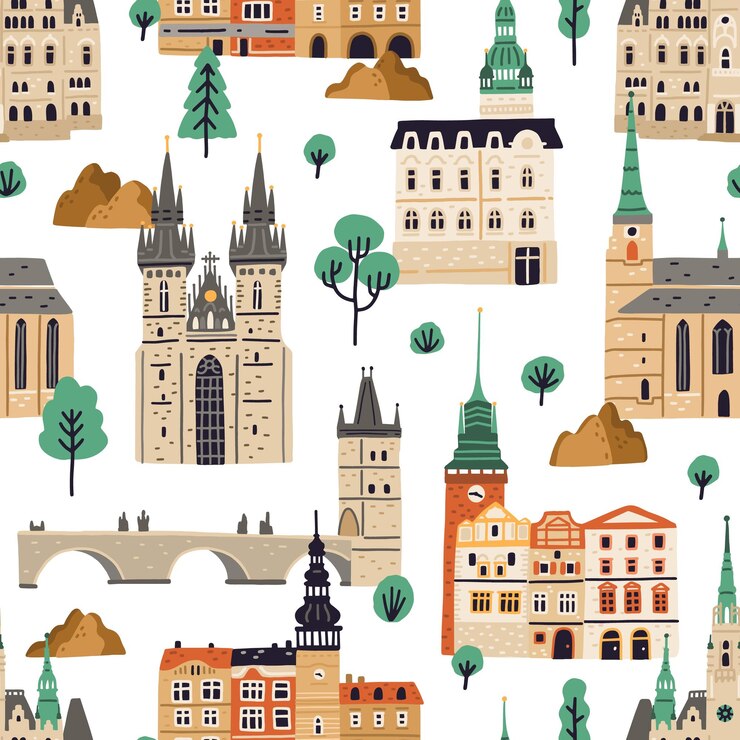 Wektor wzór ze słynnymi czeskimi budynkami na białym tle. niekończąca się powtarzalna tekstura z praską architekturą. ilustracja kolorowy płaski wektor europejskich kościołów, zamków i domów.