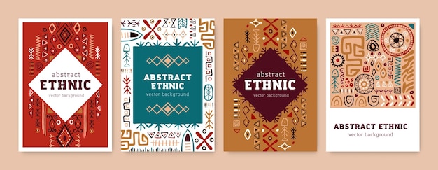 Plik wektorowy wzory kart z etnicznymi afrykańskimi ozdobami plemiennymi. abstrakcyjne szablony projektów tła z geometrycznymi elementami, wzorami, kształtami i symbolami starożytnego plemienia. zestaw izolowanych płaskich ilustracji wektorowych