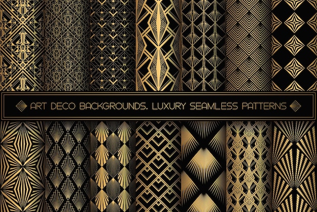 Wzory w stylu Art Deco Zestaw bezszwowych czarno-złotych tła Metalowe muszle lub łuski koronkowy ornament Minimalistyczny wzór geometryczny Linie wektorowe Motywy z lat 20. 30. Luksusowa kolekcja złota w stylu vintage