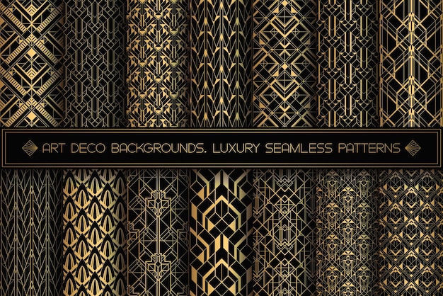 Wzory w stylu Art Deco Zestaw bezszwowych czarno-złotych tła Metalowe muszle lub łuski koronkowy ornament Minimalistyczny wzór geometryczny Linie wektorowe Motywy z lat 20. 30. Luksusowa kolekcja złota w stylu vintage