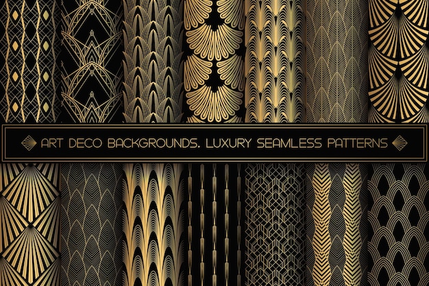 Wzory w stylu Art Deco Zestaw bezszwowych czarno-złotych tła Metalowe muszle lub łuski koronkowy ornament Minimalistyczny wzór geometryczny Linie wektorowe Motywy z lat 20. 30. Luksusowa kolekcja złota w stylu vintage