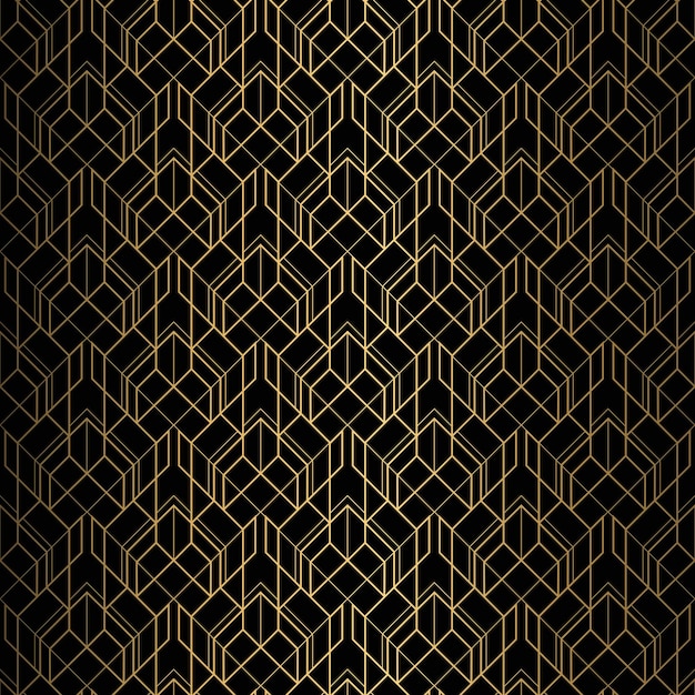 Wzorzec Art Deco Bezszwone czarne i złote tło Ozdoba metalowa koronkowa Minimalistyczna konstrukcja geometryczna Linie wektorowe Motywy z lat 1920-30 Luksusowa ilustracja vintage