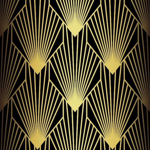 Wzorzec Art Deco Tło wektorowe w stylu lat dwudziestych Złota czarna tekstura do projektowania wnętrz, takich jak tapety, poduszki, osłony zasłon, odciski, tapicery itp.