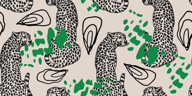 Wzorzec bezszwowy leoparda z tropikalnymi liśćmi na tle Wektor