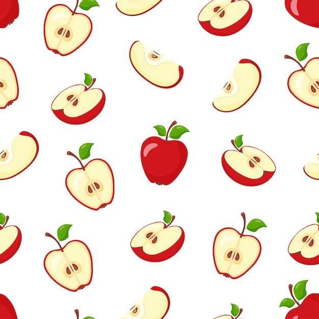 Wzorzec czerwonych jabłek Przekrój ciętych kawałków jabłek i całego owocu rysowany ręcznie ilustracja wektorowa