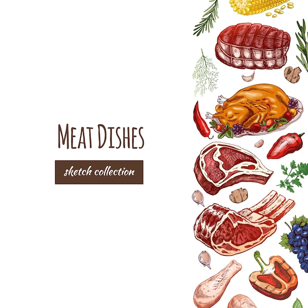 Wzorzec menu z mięsem i warzywami w stylu grawerowanym kolorowe szkice kawałków mięsa na grillu